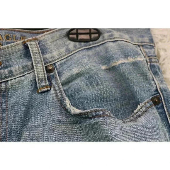Men's American Eagle Blue Denim Jeans-Straight Slim-34 x 36-Distressed - Picture 7 of 10